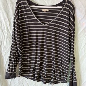 Madewell Charcoal and White Striped V-Neck Long Sleeve Tee